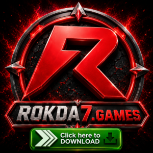 ROKDA7 Game official 3D logo with a red metallic R emblem, black glowing background, and Download button for the latest ROKDA7 APK 2026.